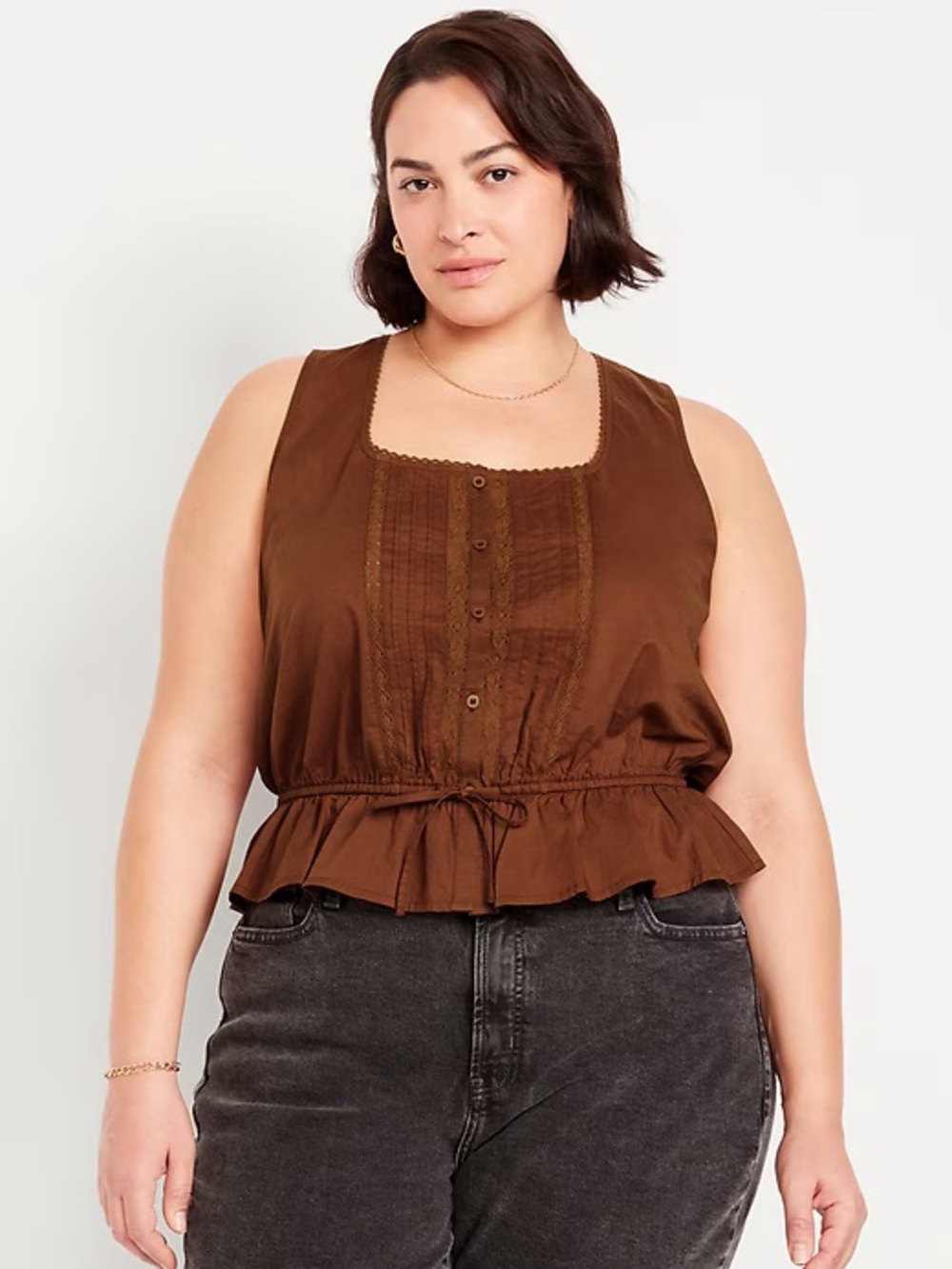 Old Navy Brown Sleeveless Tie-Waist Button-Front Lace-Trim Peplum Top